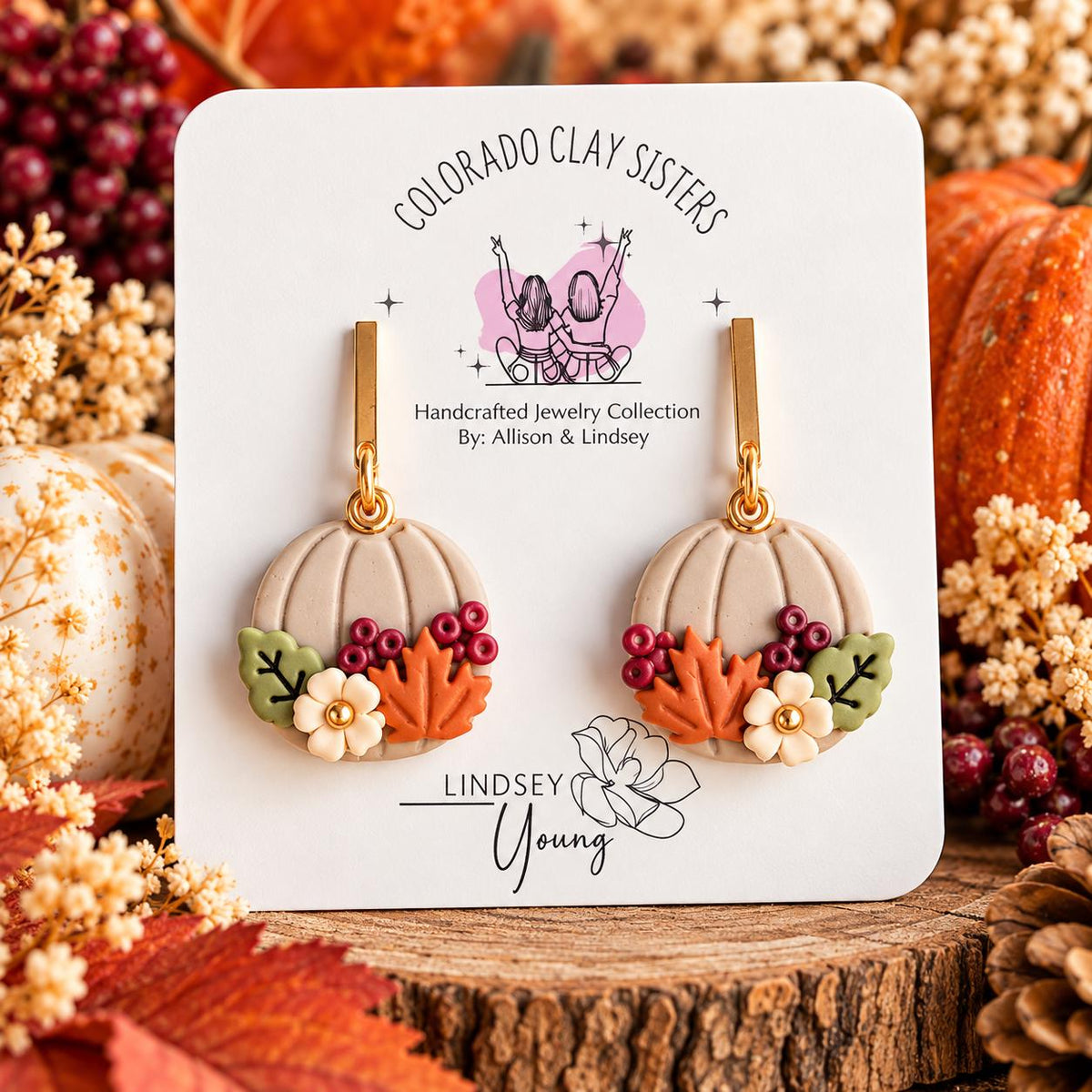 Fall Pumpkin Earrings, Polymer Clay Earrings, Autumn Floral Earrings, Harvest Jewelry, Thanksgiving Earrings, Handmade Fall Jewelry
