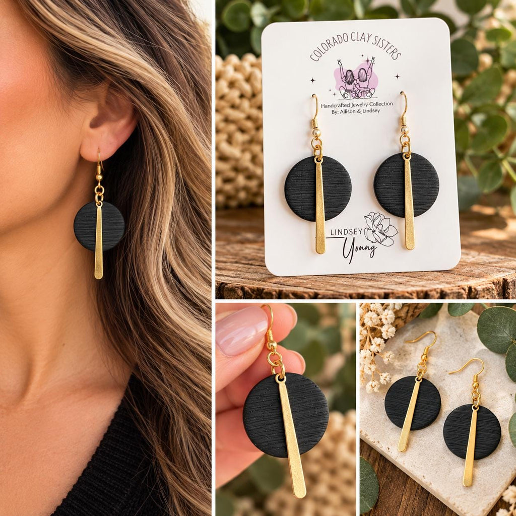 Black Geometric Earrings, Polymer Clay Earrings, Gold Dangle Earrings, Minimalist Earrings, Modern Statement Jewelry, Gift for Her