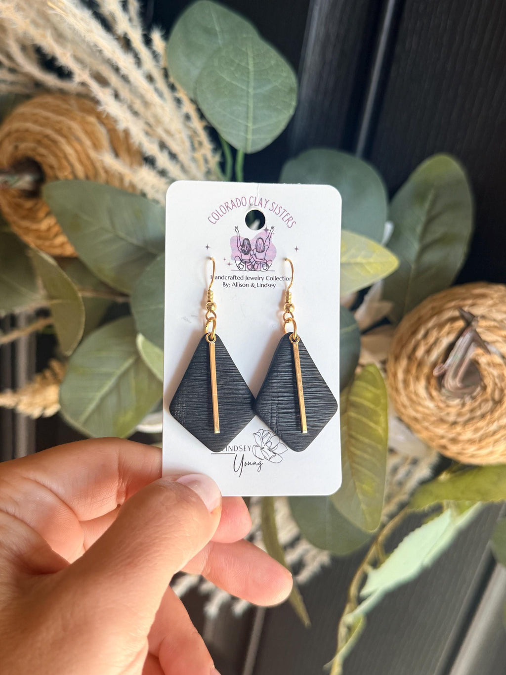 Black Geometric Earrings, Diamond Polymer Clay Earrings, Gold Dangle Earrings, Minimalist Jewelry, Modern Statement Earrings, Gift for Her