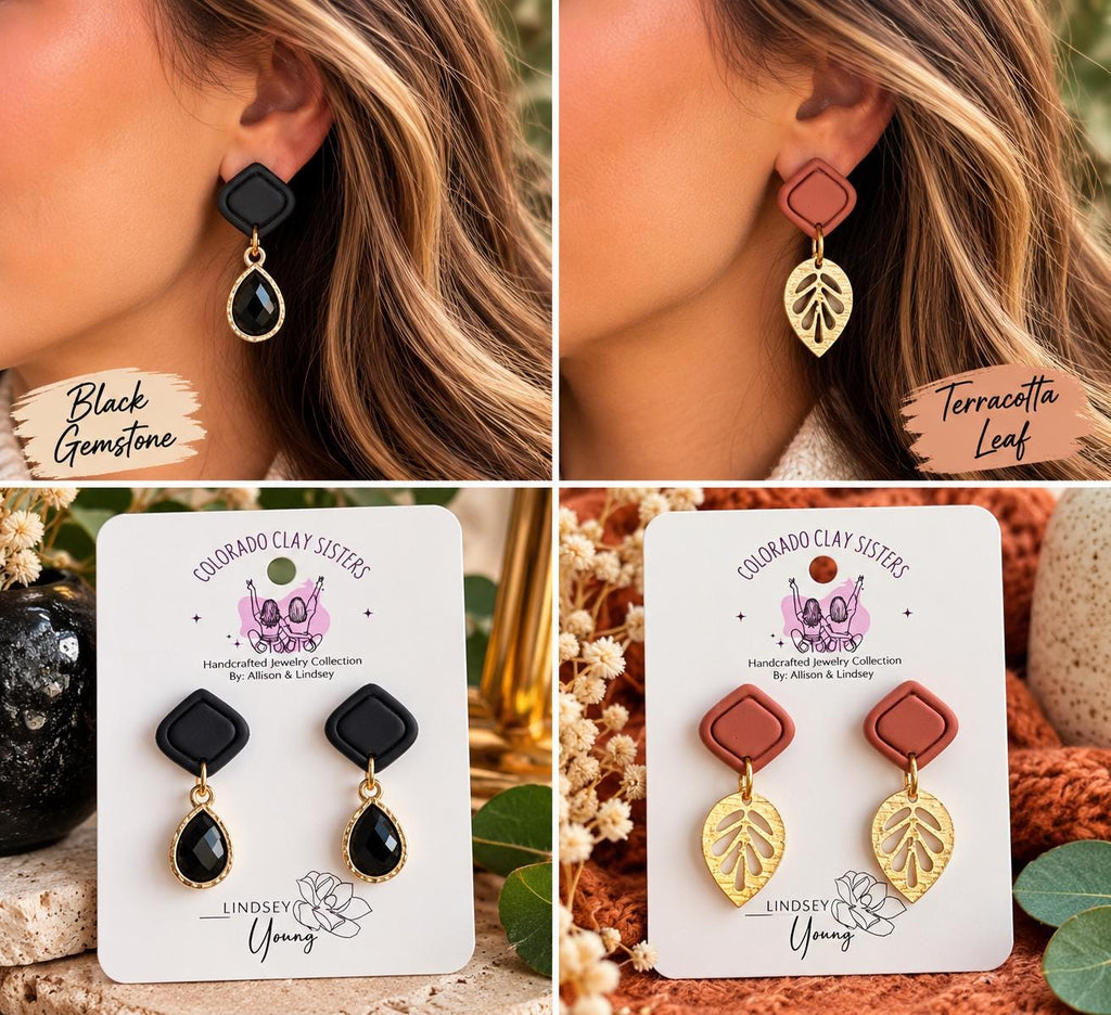 Polymer Clay Earrings, Black Gold Earrings, Boho Leaf Earrings, Dangle Earrings, Minimalist Jewelry, Handmade Earrings, Gift for Her