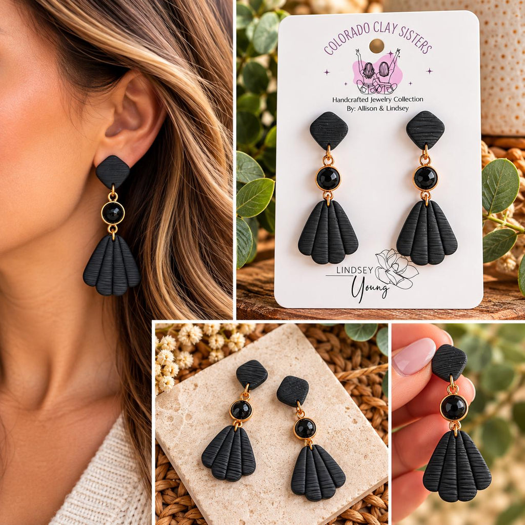 Black Statement Earrings, Polymer Clay Earrings, Geometric Dangle Earrings, Art Deco Jewelry, Black Gold Earrings, Handmade Gift for Her