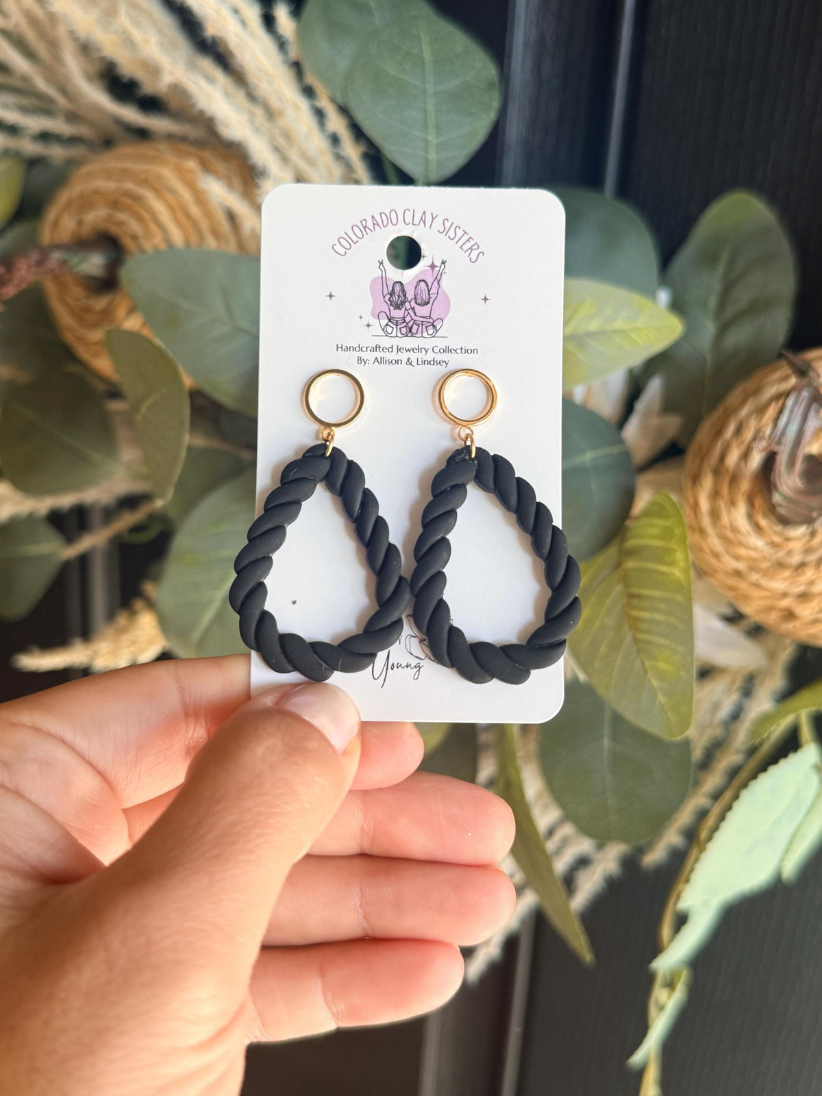 Black Braided Earrings, Polymer Clay Hoop Earrings, Chunky Statement Earrings, Boho Dangle Earrings, Handmade Jewelry, Gift for Her