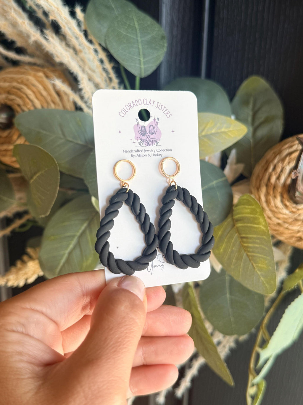 Black Braided Earrings, Polymer Clay Hoop Earrings, Chunky Statement Earrings, Boho Dangle Earrings, Handmade Jewelry, Gift for Her