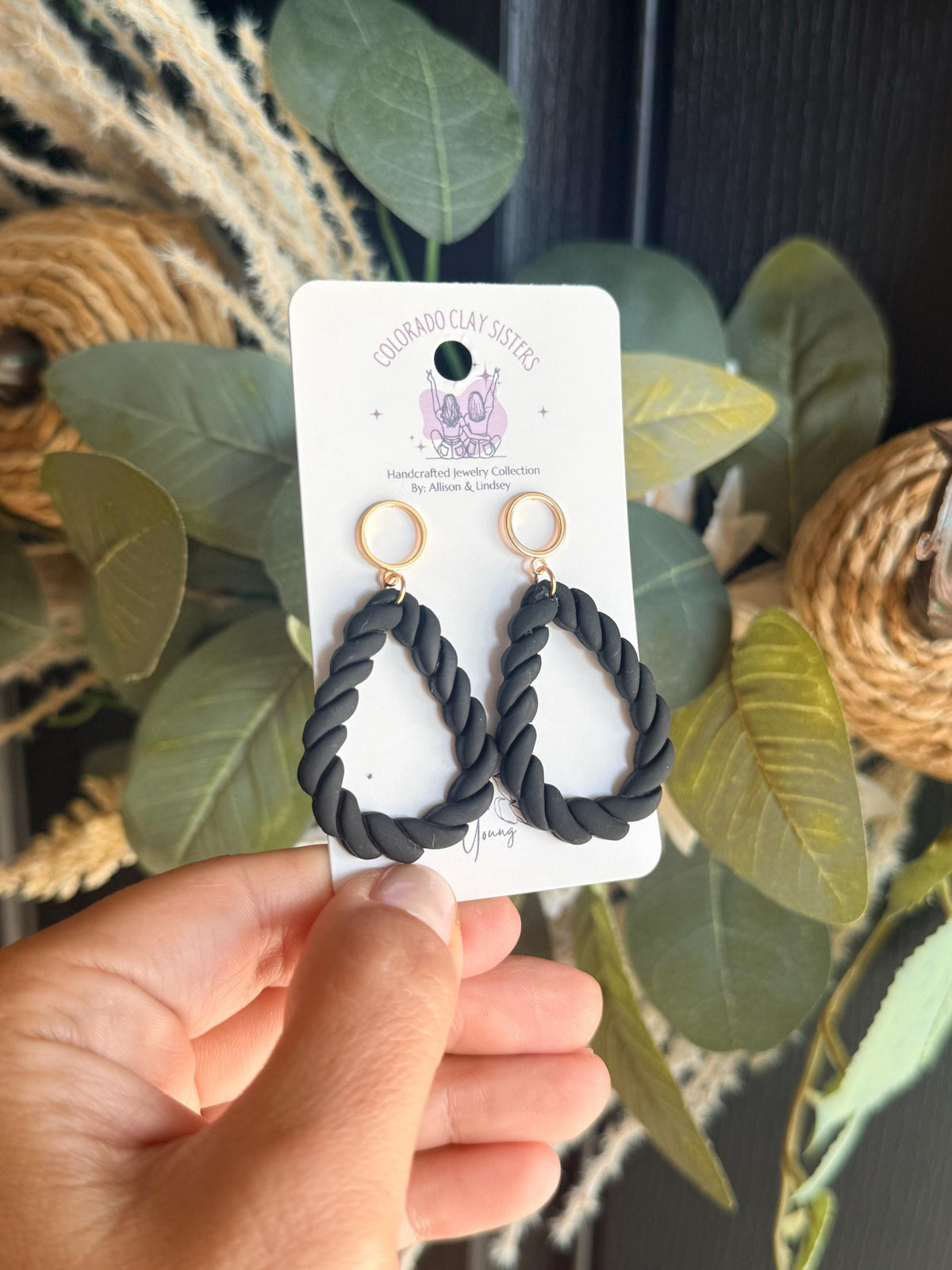 Black Braided Earrings, Polymer Clay Hoop Earrings, Chunky Statement Earrings, Boho Dangle Earrings, Handmade Jewelry, Gift for Her