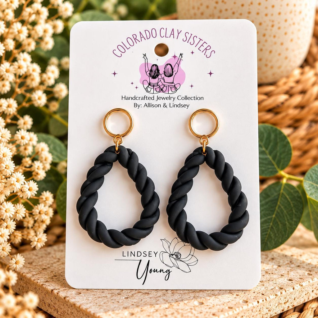 Black Braided Earrings, Polymer Clay Hoop Earrings, Chunky Statement Earrings, Boho Dangle Earrings, Handmade Jewelry, Gift for Her