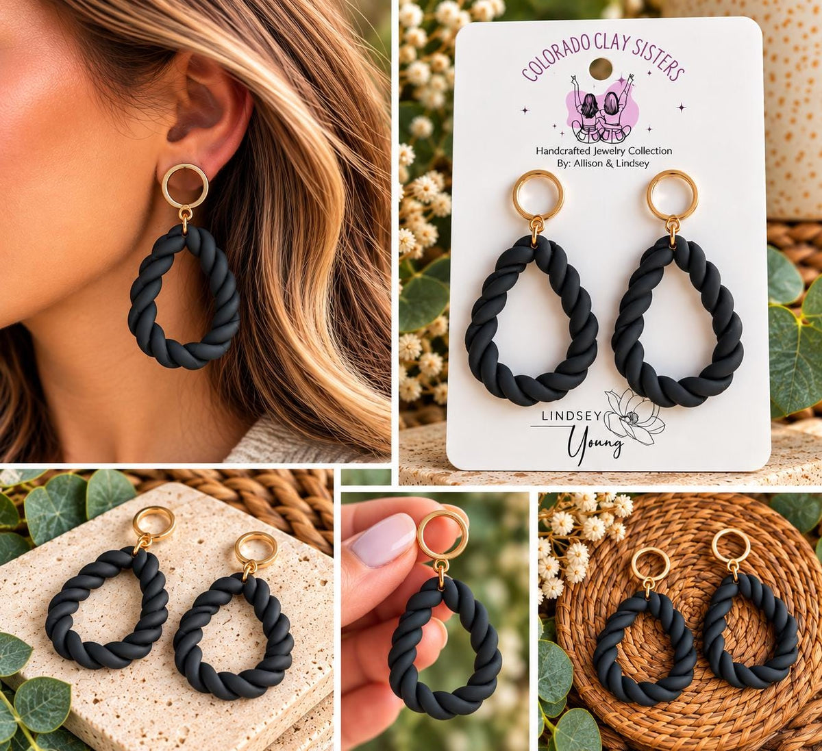 Black Braided Earrings, Polymer Clay Hoop Earrings, Chunky Statement Earrings, Boho Dangle Earrings, Handmade Jewelry, Gift for Her