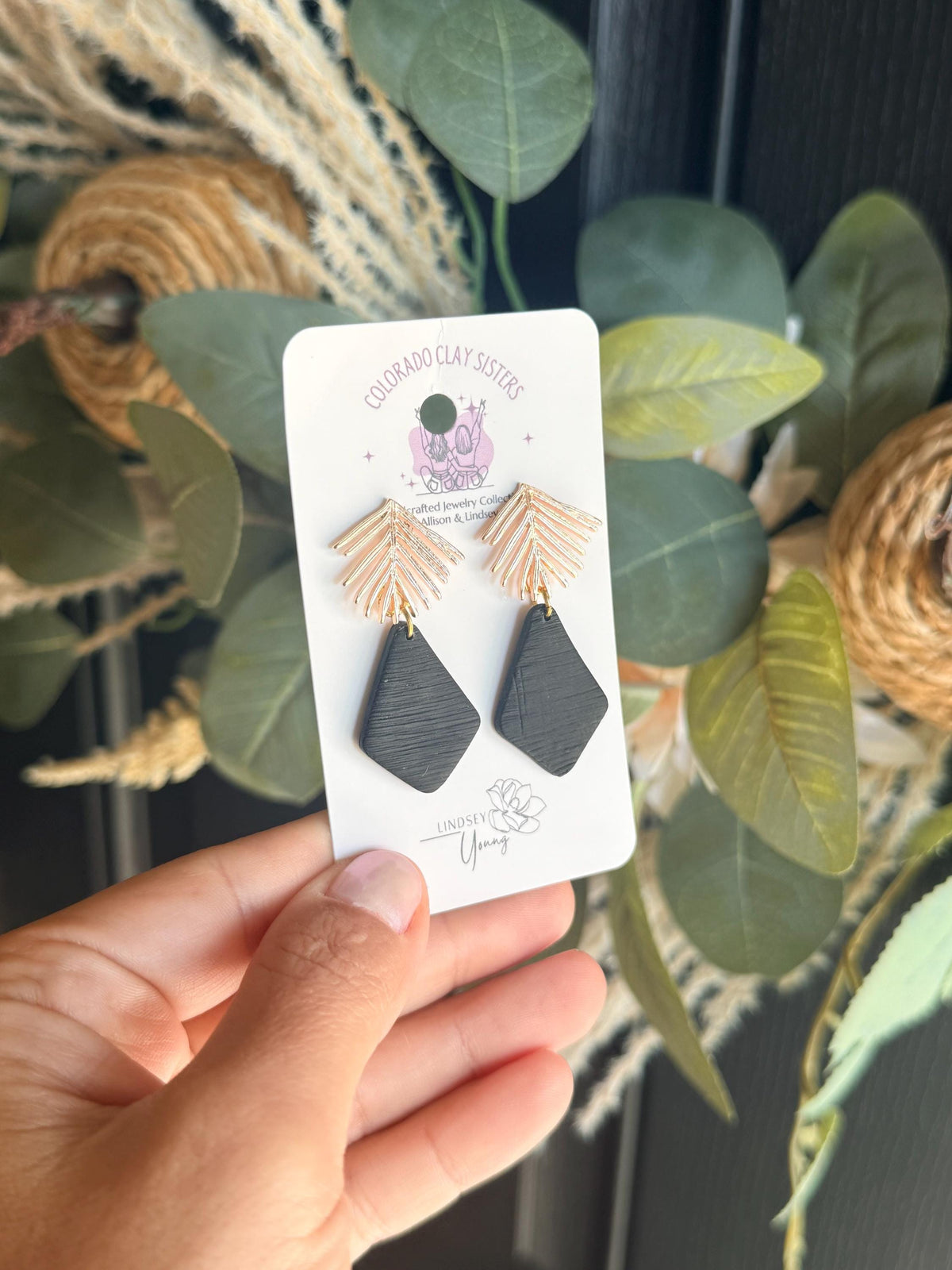 Black Polymer Clay Earrings, Gold Palm Leaf Earrings, Boho Black Dangle Earrings, Geometric Statement Earrings, Modern Handmade Jewelry