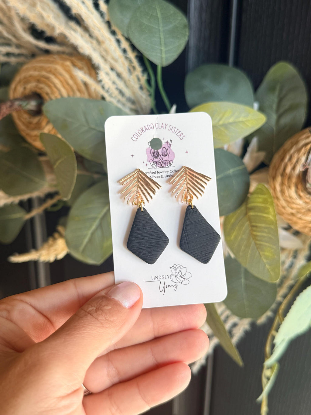 Black Polymer Clay Earrings, Gold Palm Leaf Earrings, Boho Black Dangle Earrings, Geometric Statement Earrings, Modern Handmade Jewelry