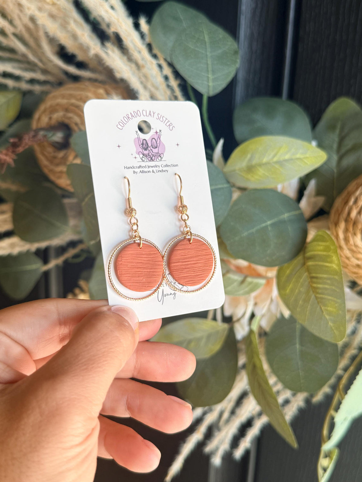 Terracotta Clay Earrings, Gold Hoop Dangle Earrings, Polymer Clay Earrings, Boho Circle Earrings, Lightweight Handmade Jewelry Gift