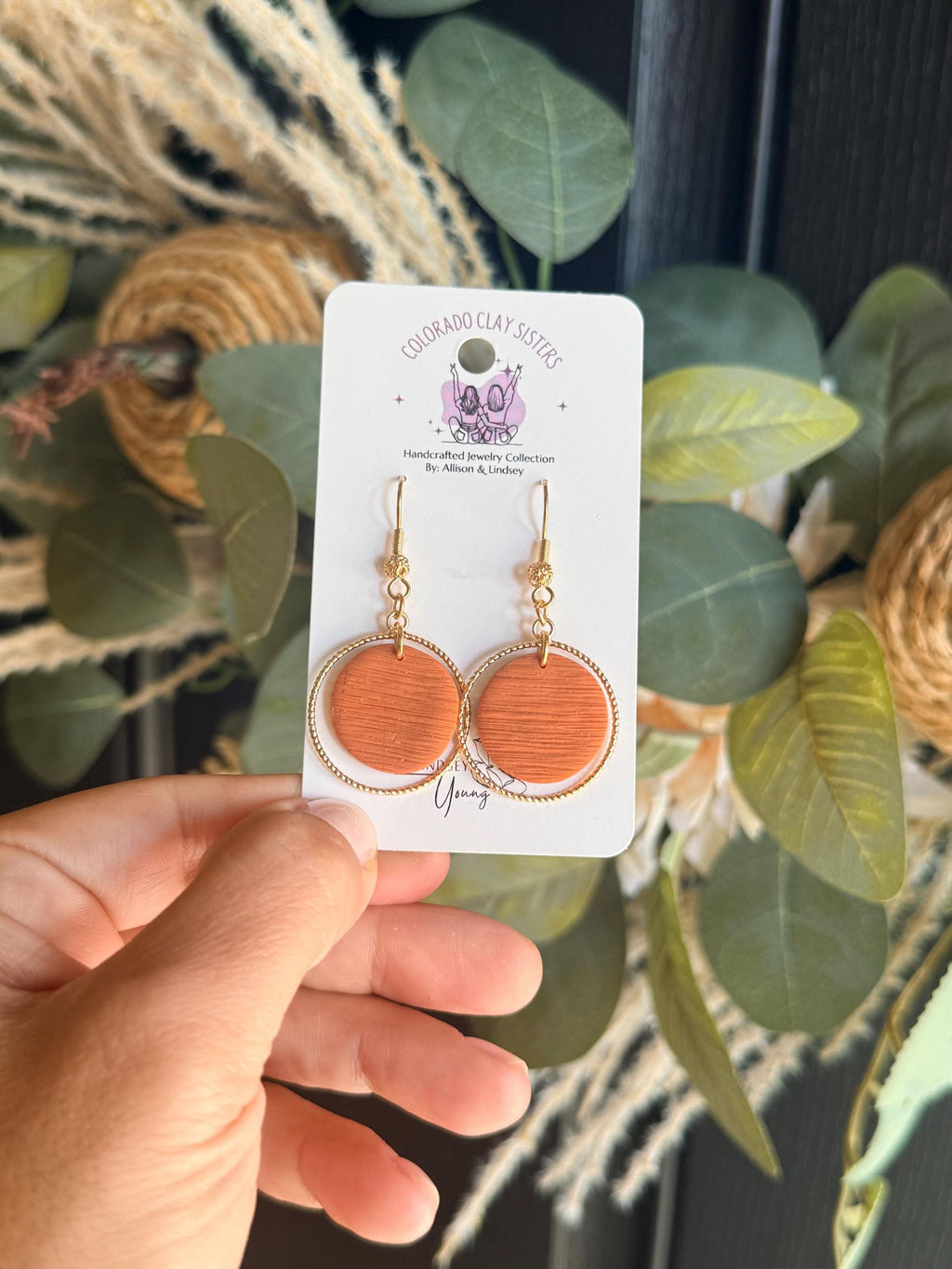 Terracotta Clay Earrings, Gold Hoop Dangle Earrings, Polymer Clay Earrings, Boho Circle Earrings, Lightweight Handmade Jewelry Gift