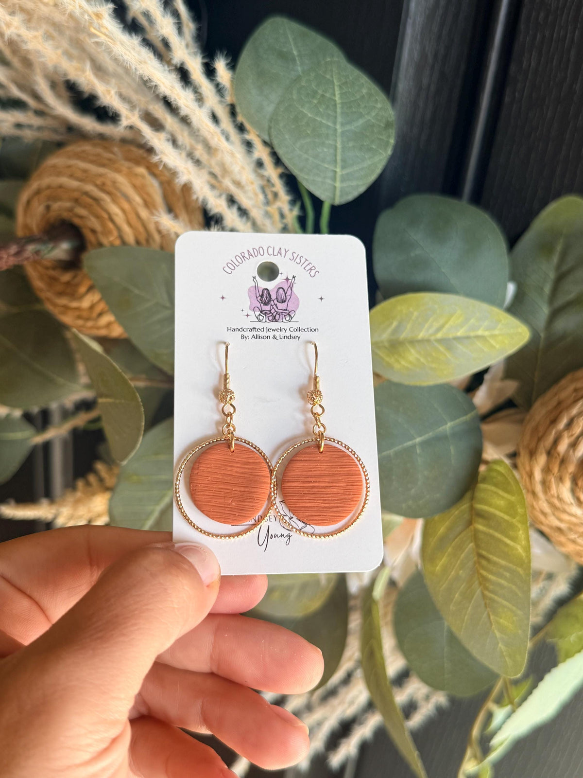 Terracotta Clay Earrings, Gold Hoop Dangle Earrings, Polymer Clay Earrings, Boho Circle Earrings, Lightweight Handmade Jewelry Gift